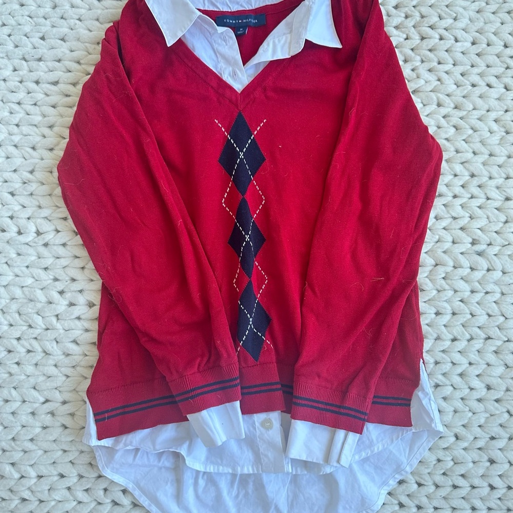 Tommy Hilfiger Red Sweater with White Collar